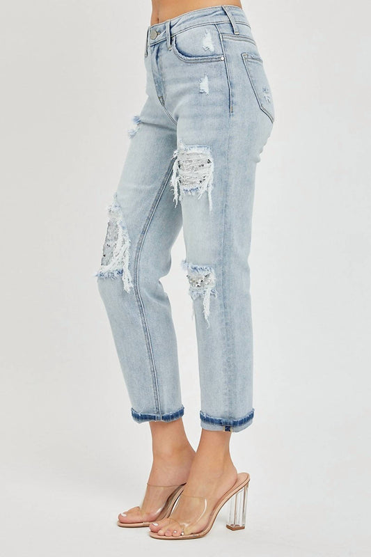 Risen - Midrise Sequin Patch Tapered Jeans