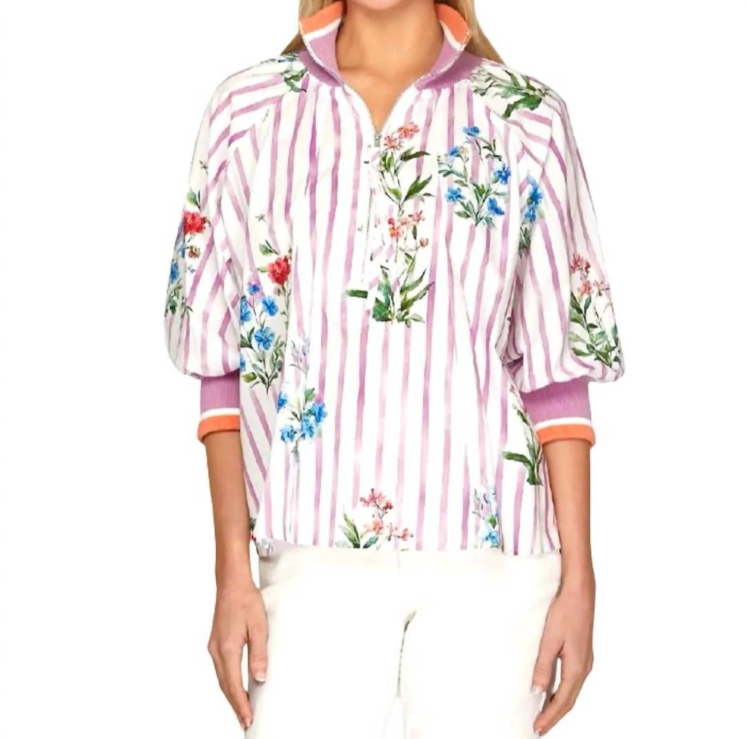 Style USA Printed Half Zip Top in violet multi - women's blouse
