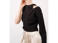 Ina Fashion - Round Neck Asymmetrical Sleeve Cut-out Crop Top