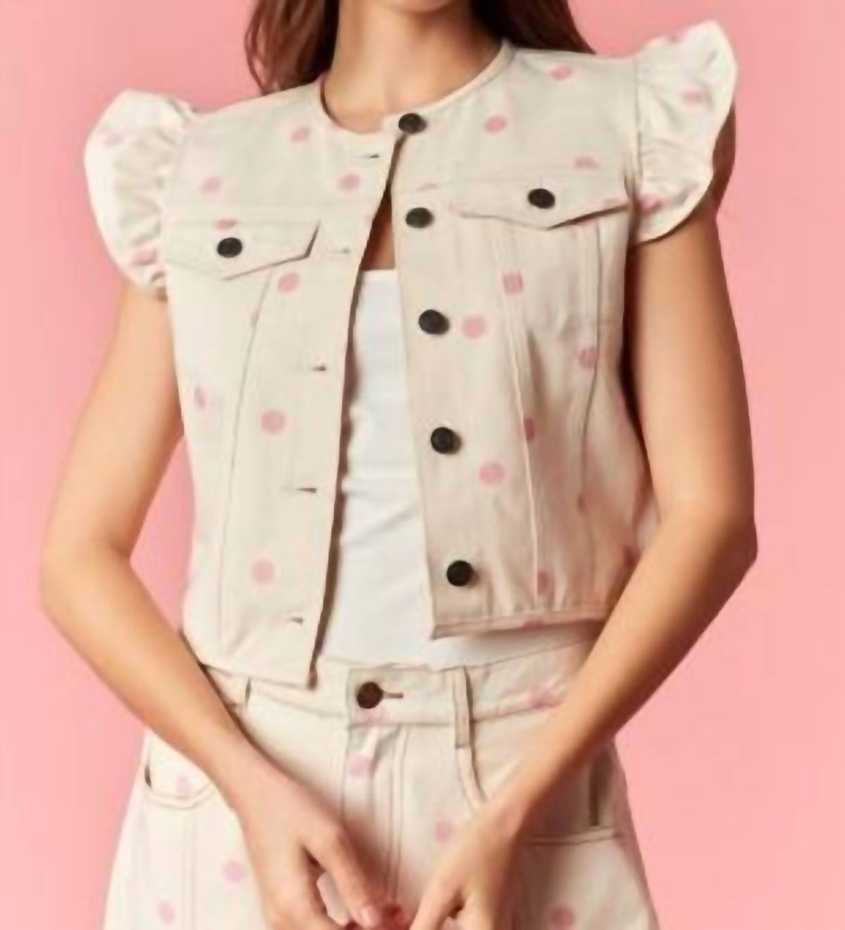 Peach Love - Polka Dot Twill Denim Cropped Vest