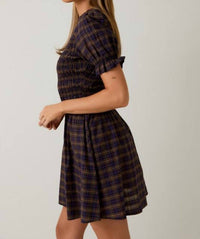 Sunday Edition Mock Neck Smocked Mini Dress in navy multi - women's dress - detail view