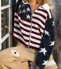 POL American Flag Mohair Sweater Jacket in burgundy navy - women's jacket