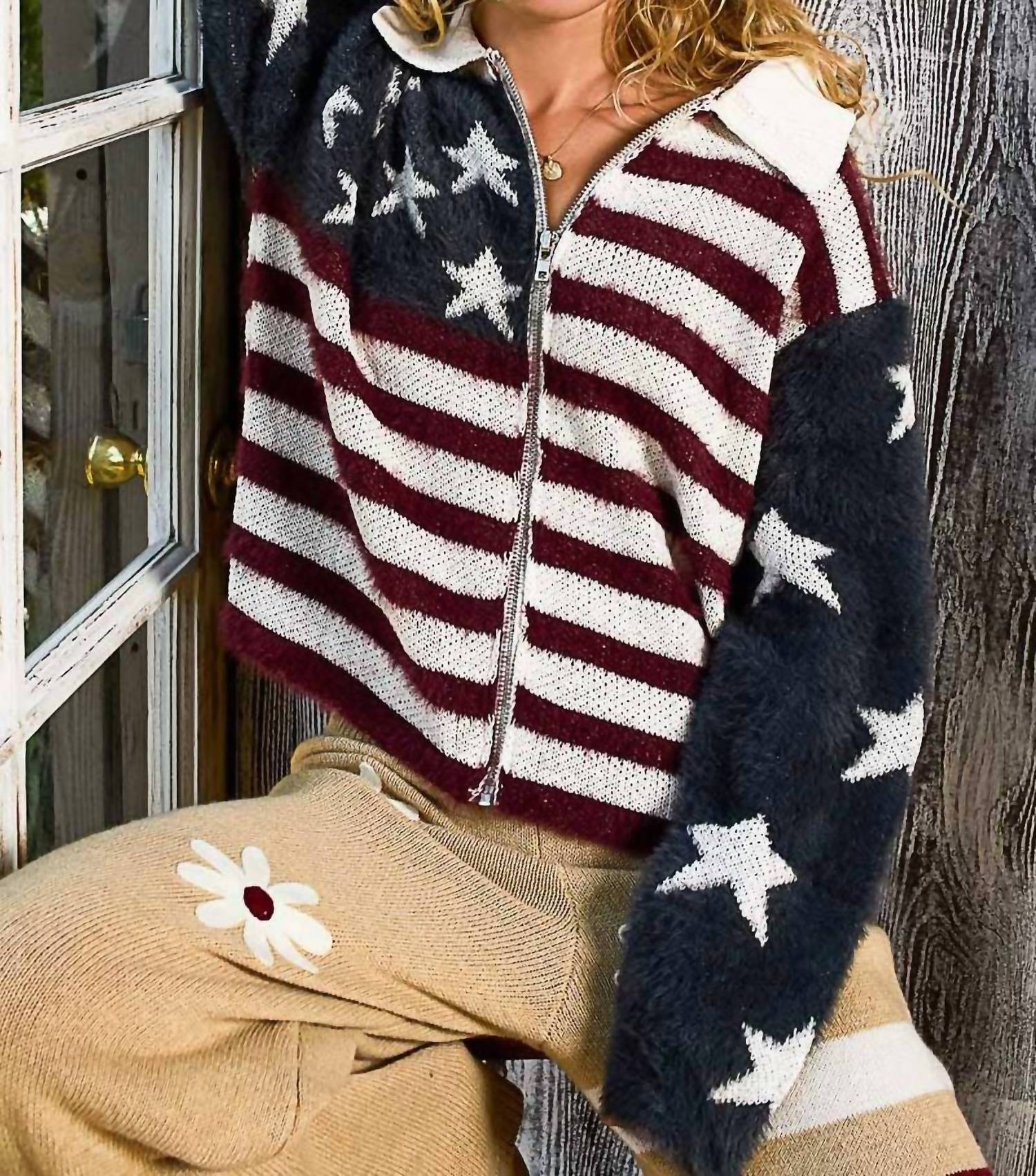 POL American Flag Mohair Sweater Jacket in burgundy navy - women's jacket