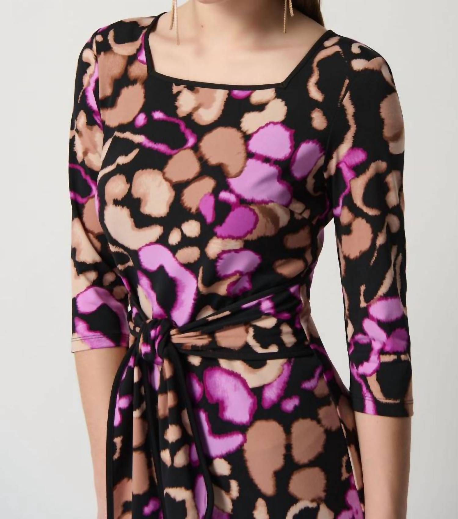 Joseph Ribkoff - Animal Print Waist-tie 3/4 Sleeve Sheath Dress
