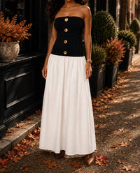 Surelymine - Strapless Button-Front Color Block Maxi Dress