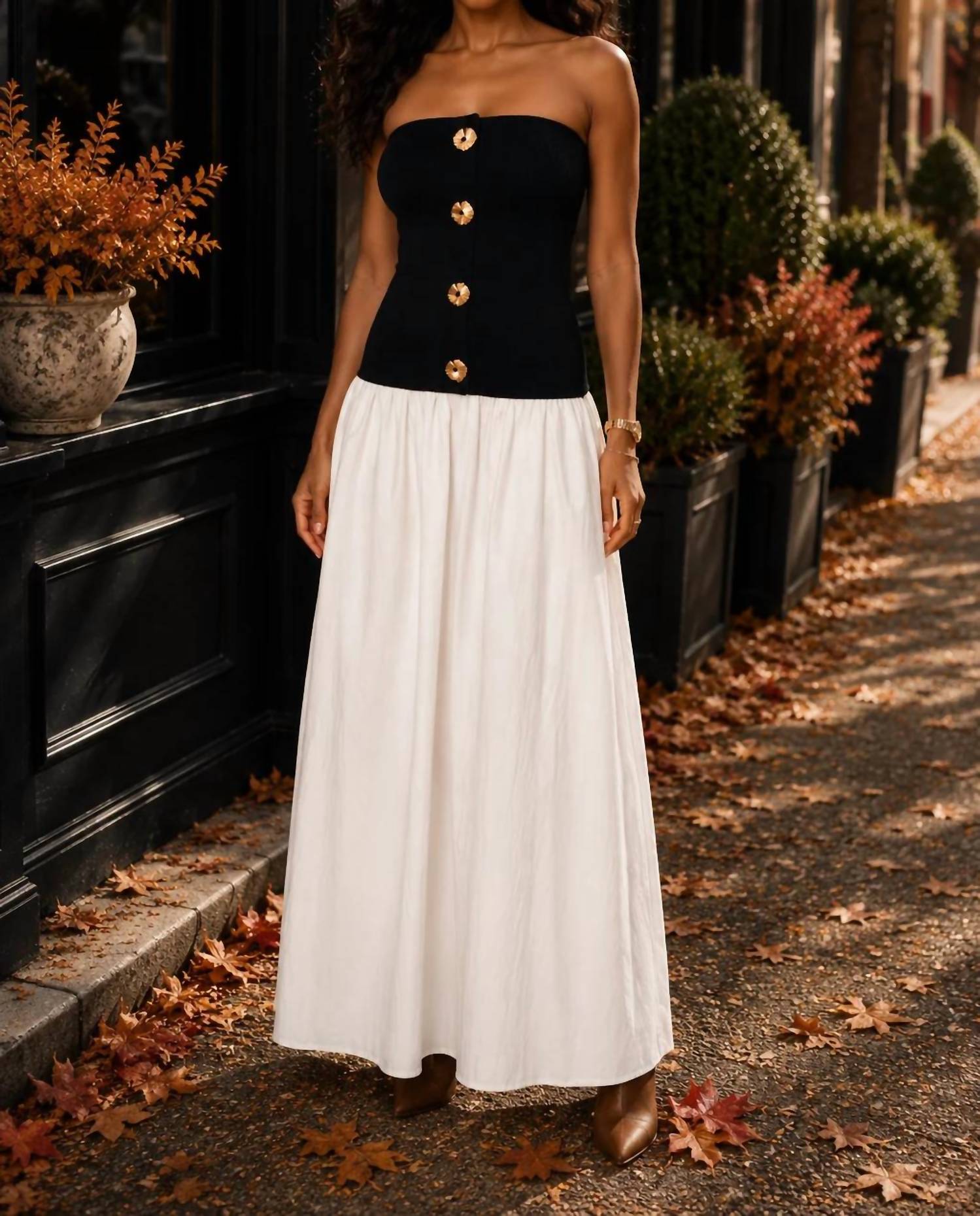 Surelymine - Strapless Button-Front Color Block Maxi Dress