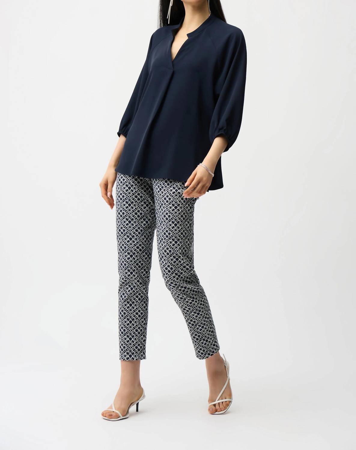 Joseph Ribkoff WOVEN TWILL TUNIC TOP in navy - women's shirt - detail view