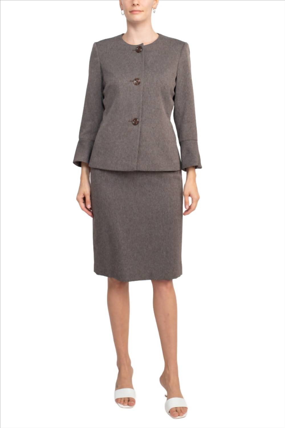 Nyp Suits - Crew Neck 3-button Slit Back Crepe Skirt Set
