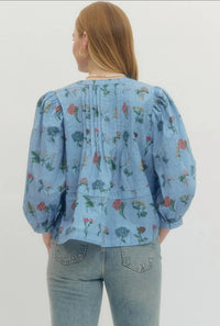 entro Floral Puff Sleeve Top in chambray blue - women's blouse - detail view