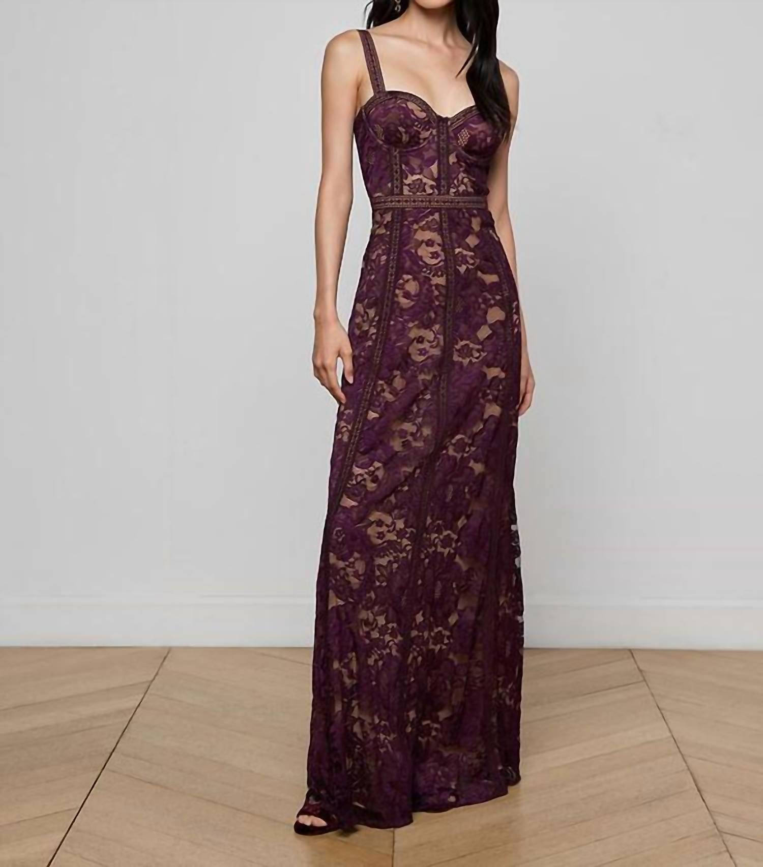 L'Agence Laynie Lace Maxi Dress in dark malbec 1 - women's dress - detail view