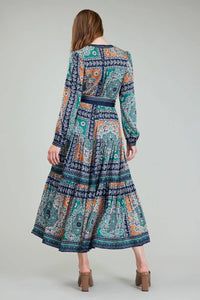 current air Print Split Neck Dress and Sash in green - women's dress - detail view