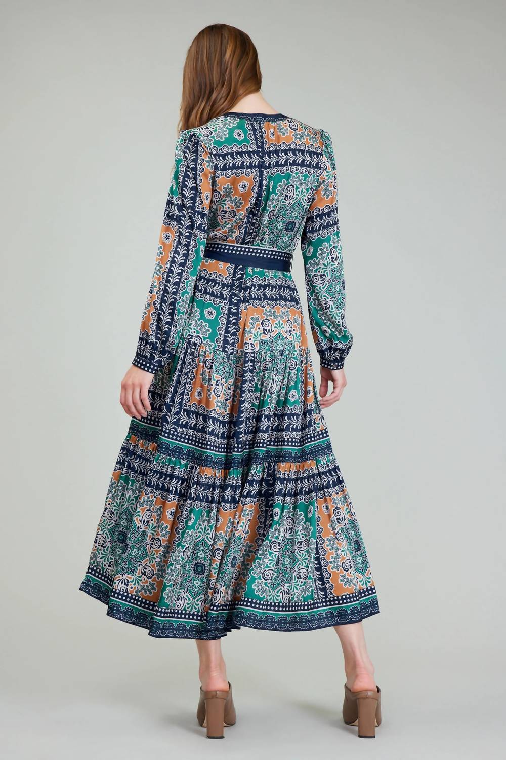 current air Print Split Neck Dress and Sash in green - women's dress - detail view