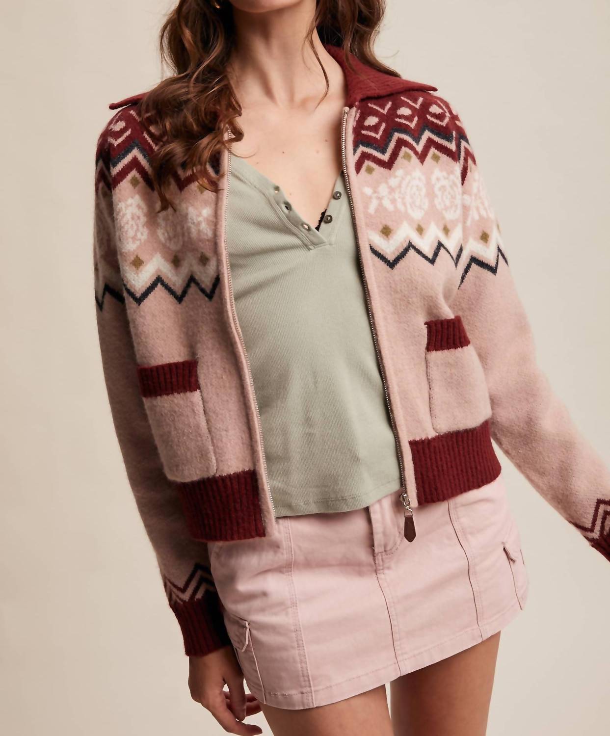 Listicle Retro Floral Knit Zip Up Cardigan in burgundy multi - women's cardigan - view 4