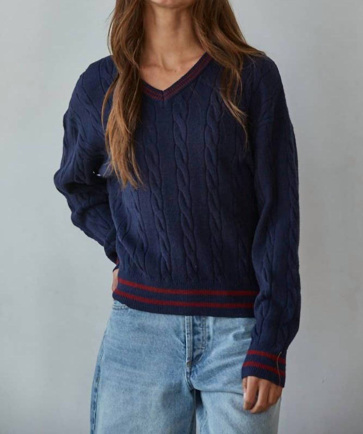 By Together - Knit Cable Sweater V-Neck Long Sleeve Pullover Top