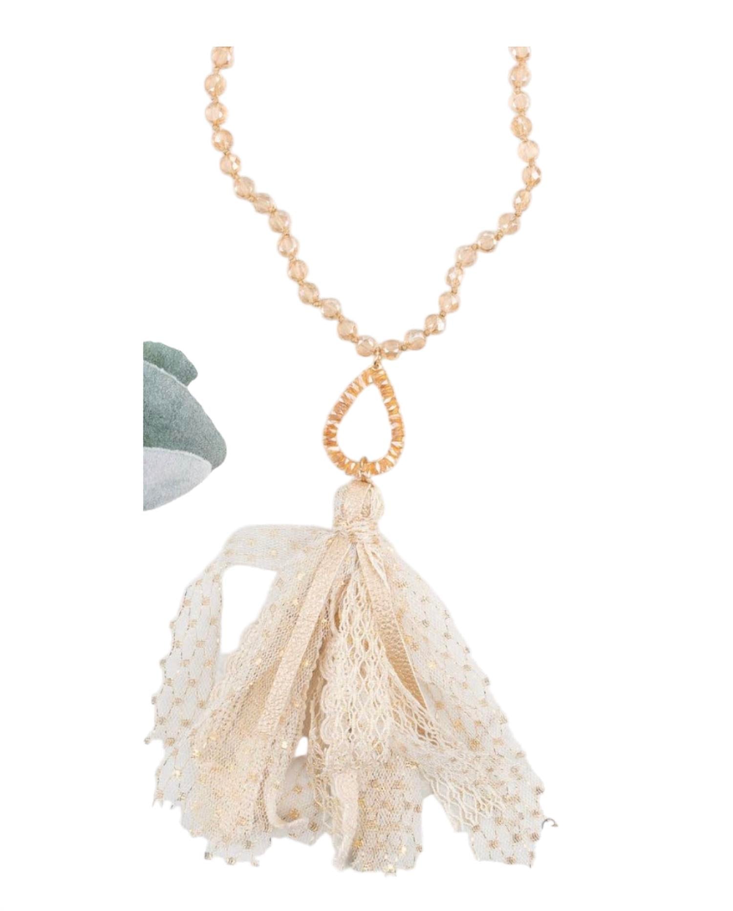 Southern Grace - Women's Beaded Teardrop Pendant Necklace With Lace Tassel