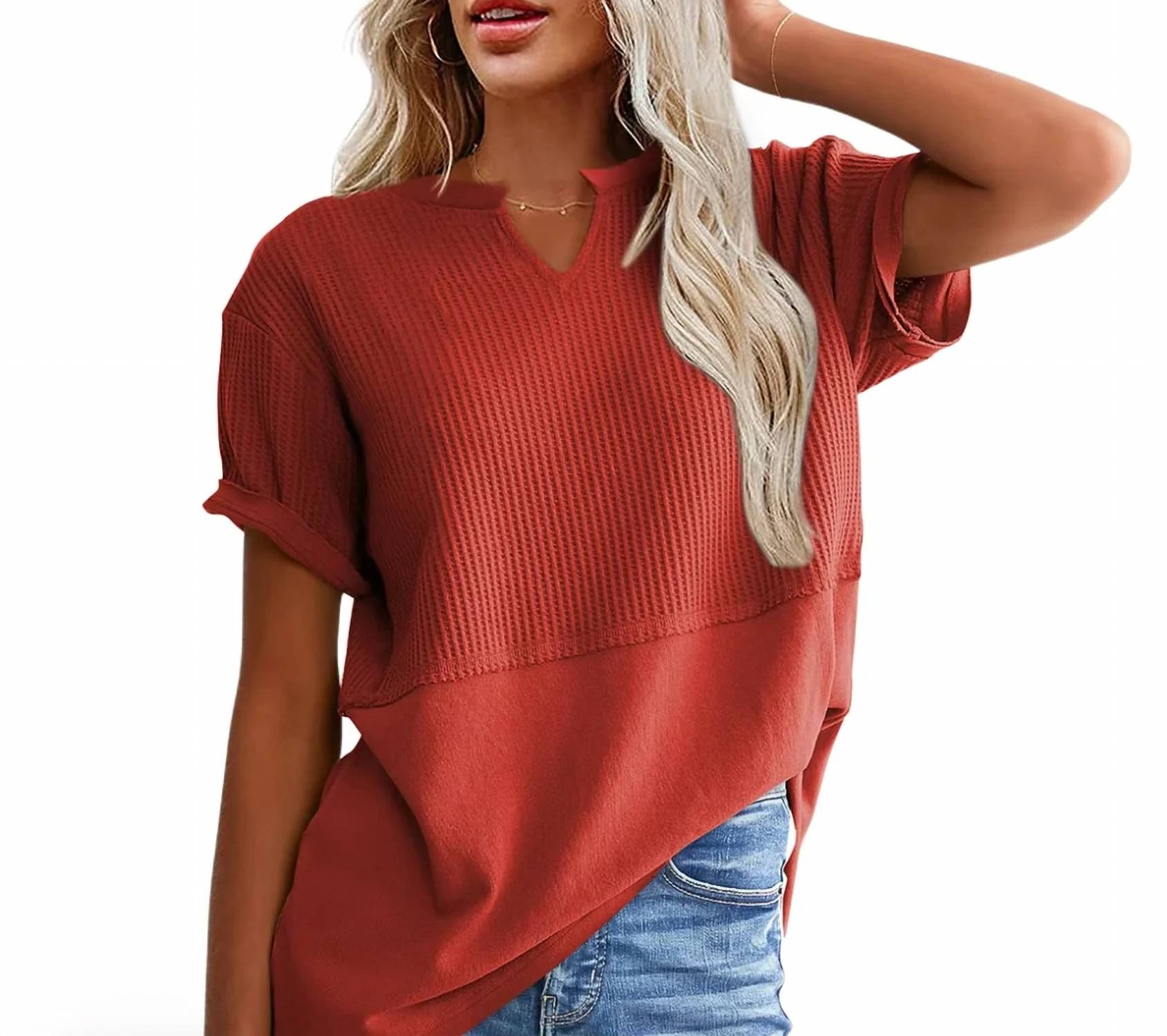 Shewin - V Neck Split Top