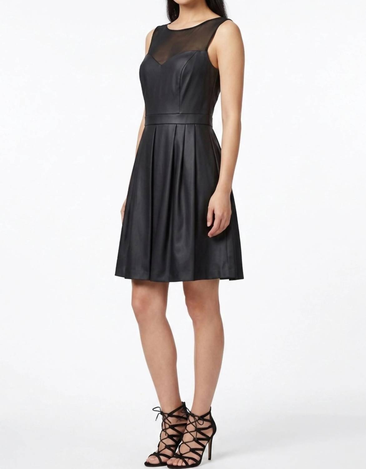 Ali Ro - Illusion Mesh Faux-leather Fit And Flare Party Dress