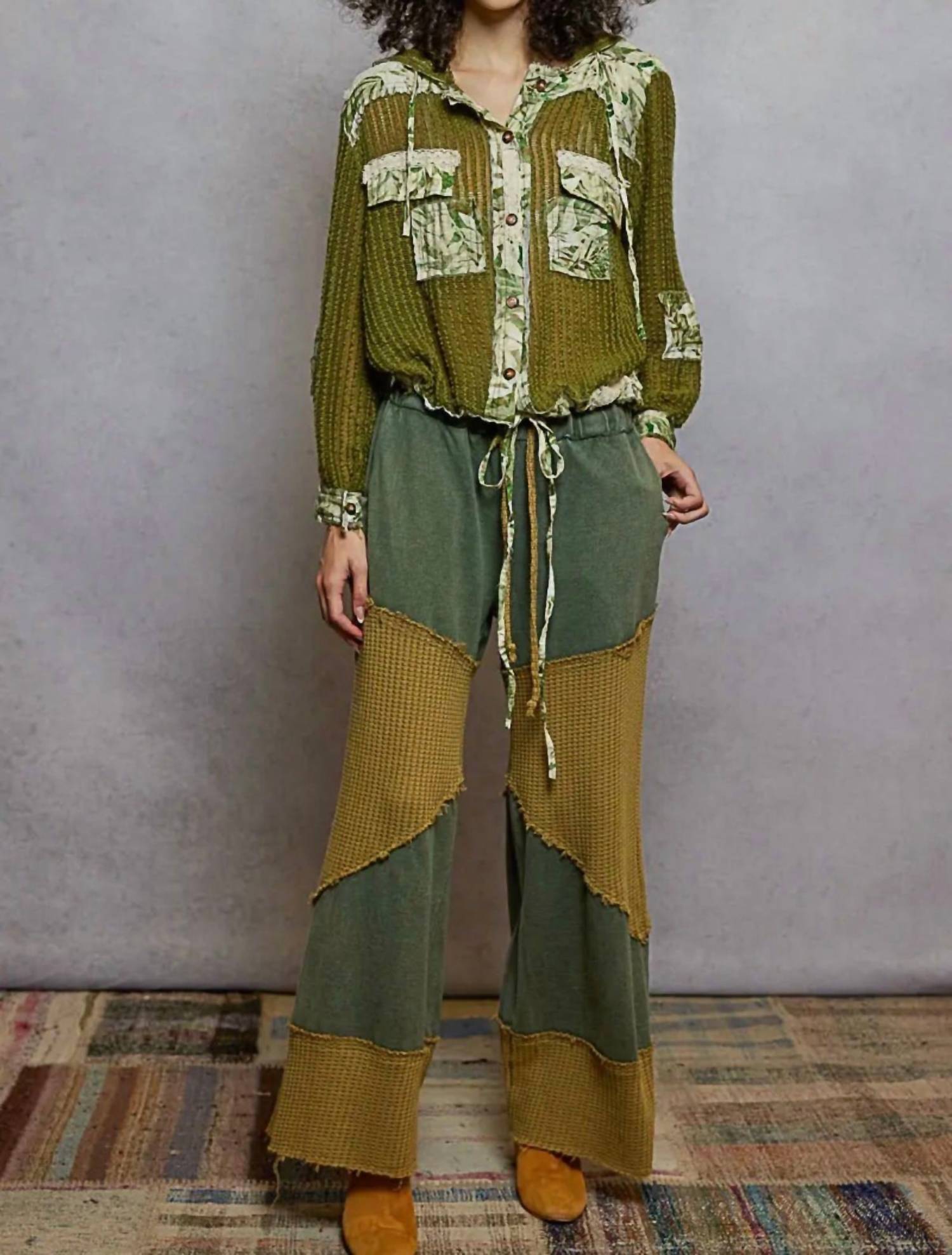 POL Vintage Washed Floral Print Crochet Jacket in olive green - women's jacket - alternate view
