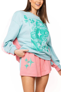 QUEEN OF SPARKLES Colorblock Logo Card Sweatshirt in aqua pink - women's top - view 5