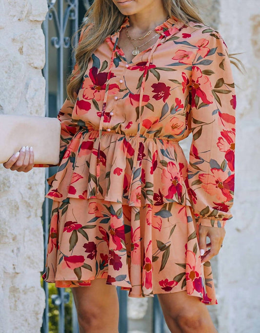 Shewin - Frilled Collar Long Sleeve Floral Dress