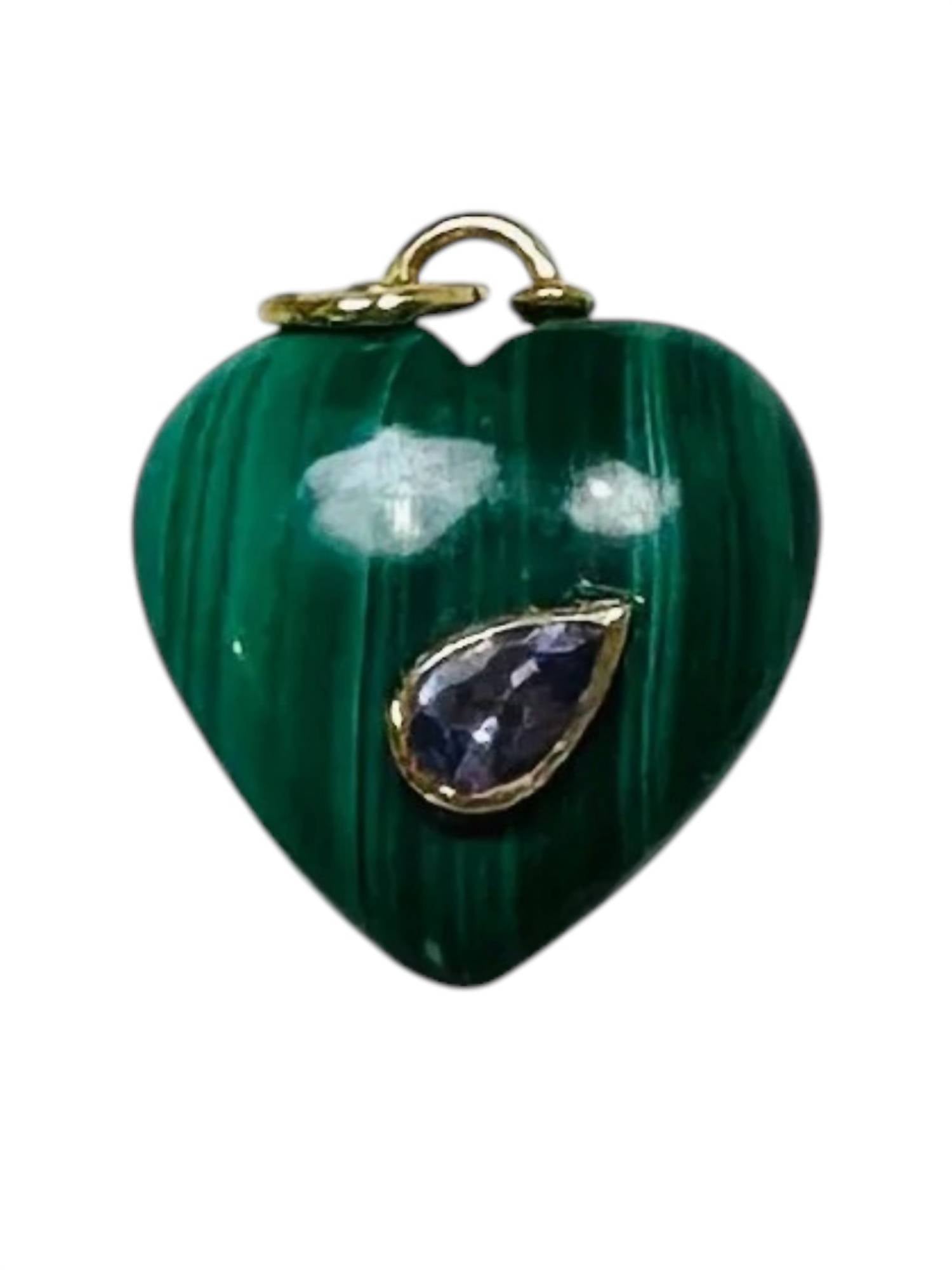 Theodosia - Women's Puffy Malachite Heart Pendant With Tanzanite