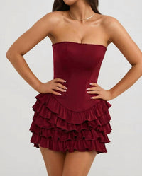 Oh Polly - Bandeau Ruffled Tiered Corset Mini Dress