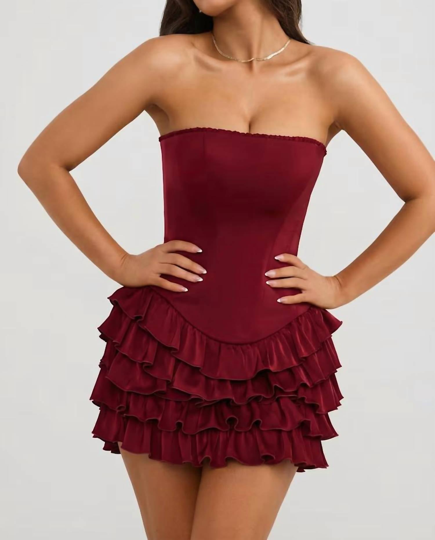 Oh Polly - Bandeau Ruffled Tiered Corset Mini Dress
