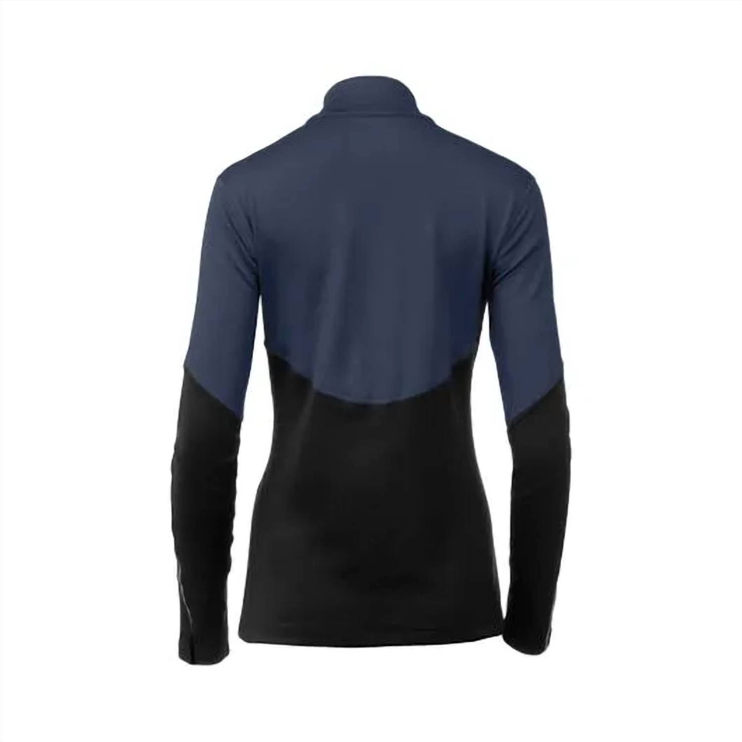 MIZUNO Women's Breath Thermo Half Zip Top in indigo black - women's long sleeve top - detail view