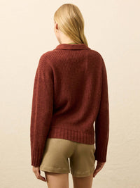 Faherty Women's Miramar Linen Polo Top in smoke paprika - women's long sleeve top - detail view