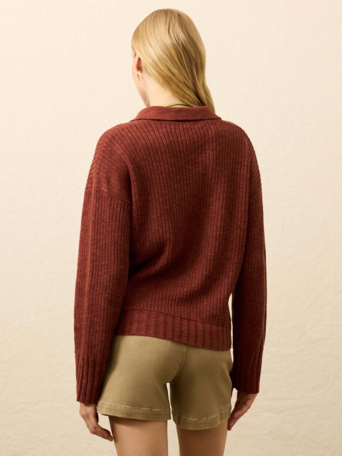 Faherty Women's Miramar Linen Polo Top in smoke paprika - women's long sleeve top - detail view