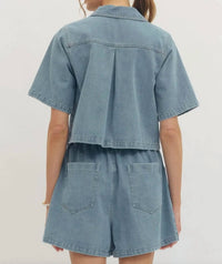 Entro - Solid Short Sleeve Denim Woven Top And Short Set