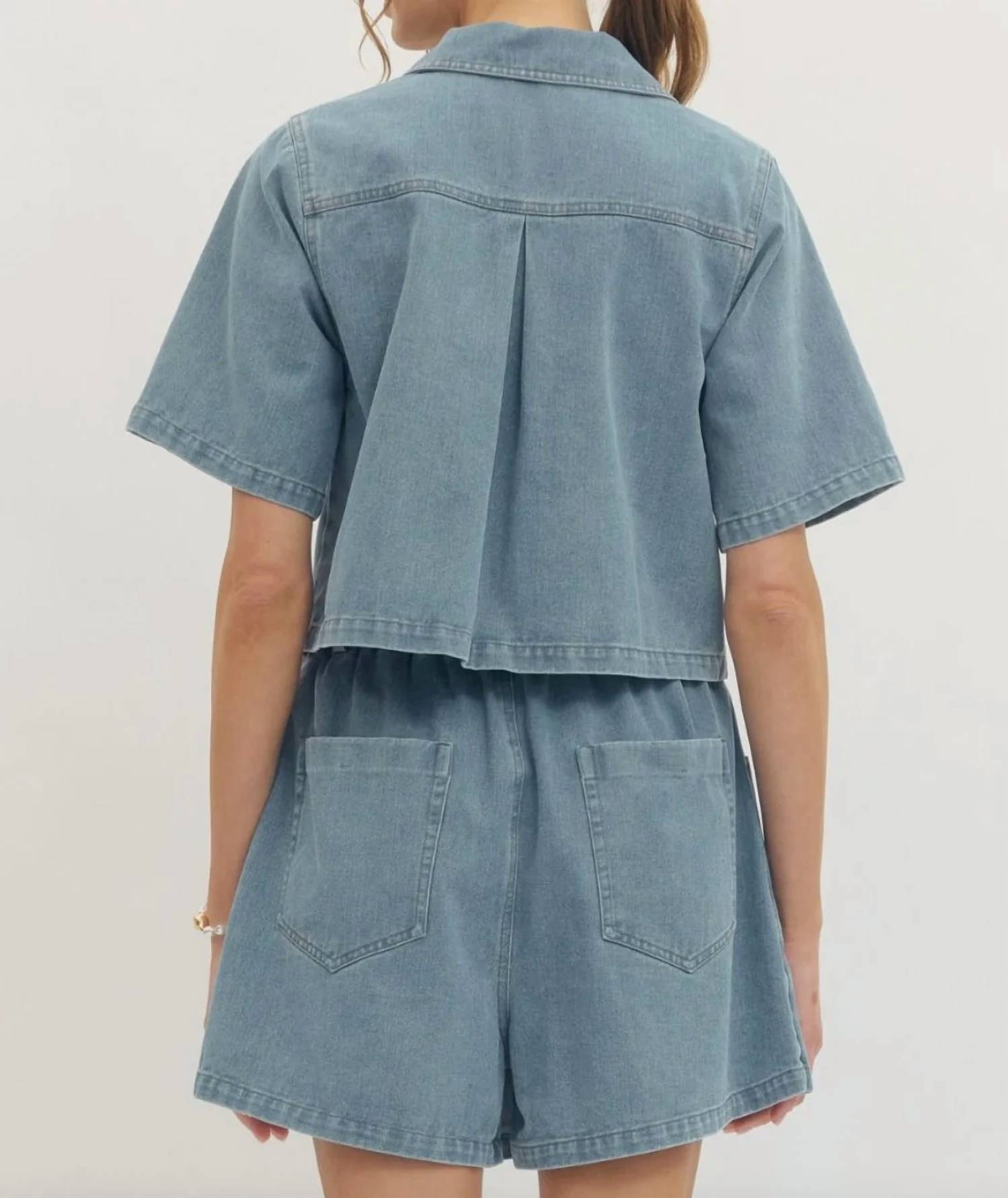 Entro - Solid Short Sleeve Denim Woven Top And Short Set