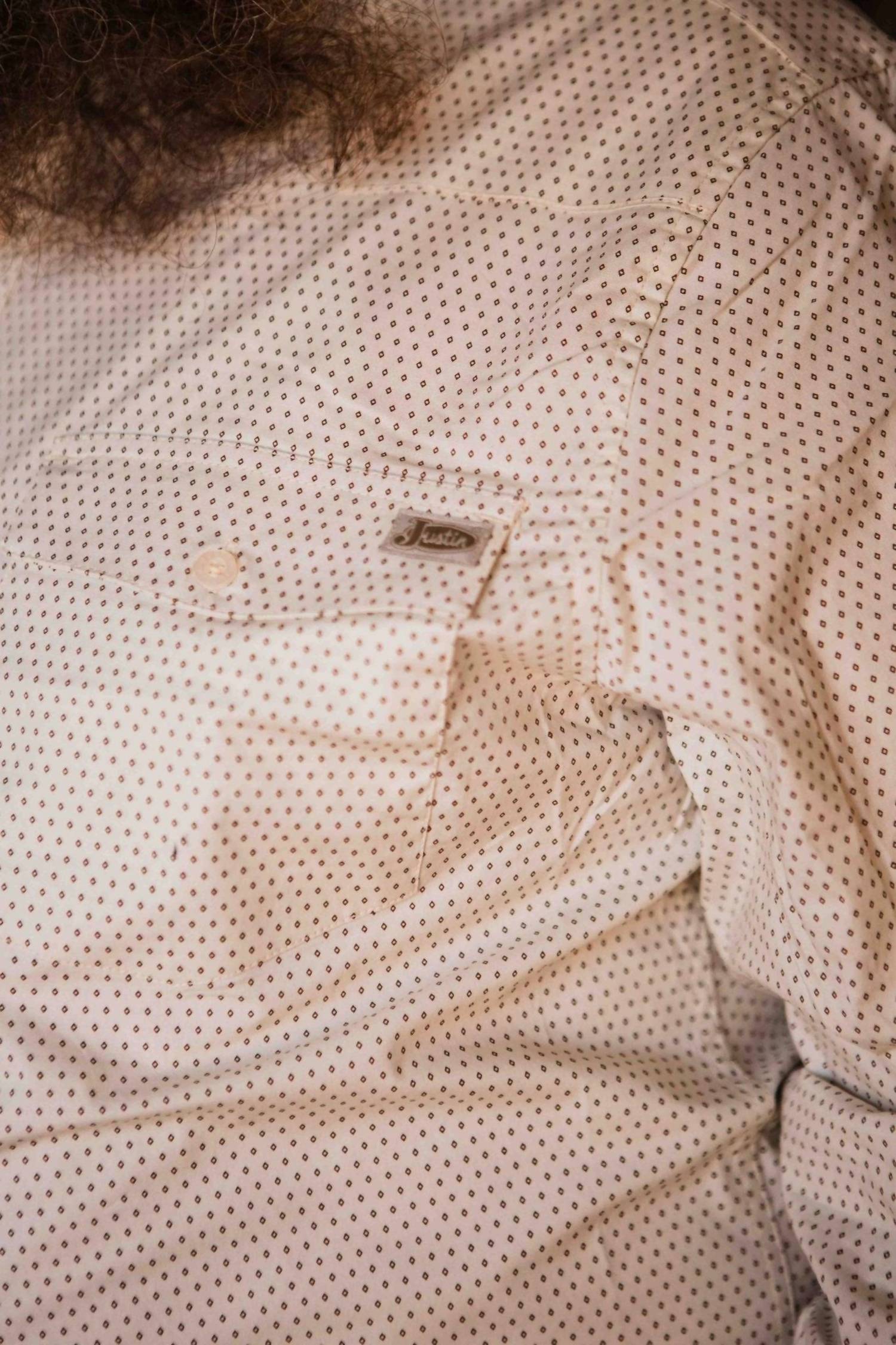 Justin Bruce Diamond Pearl Snap Shirt in cream and brown - men's long sleeve top - detail view