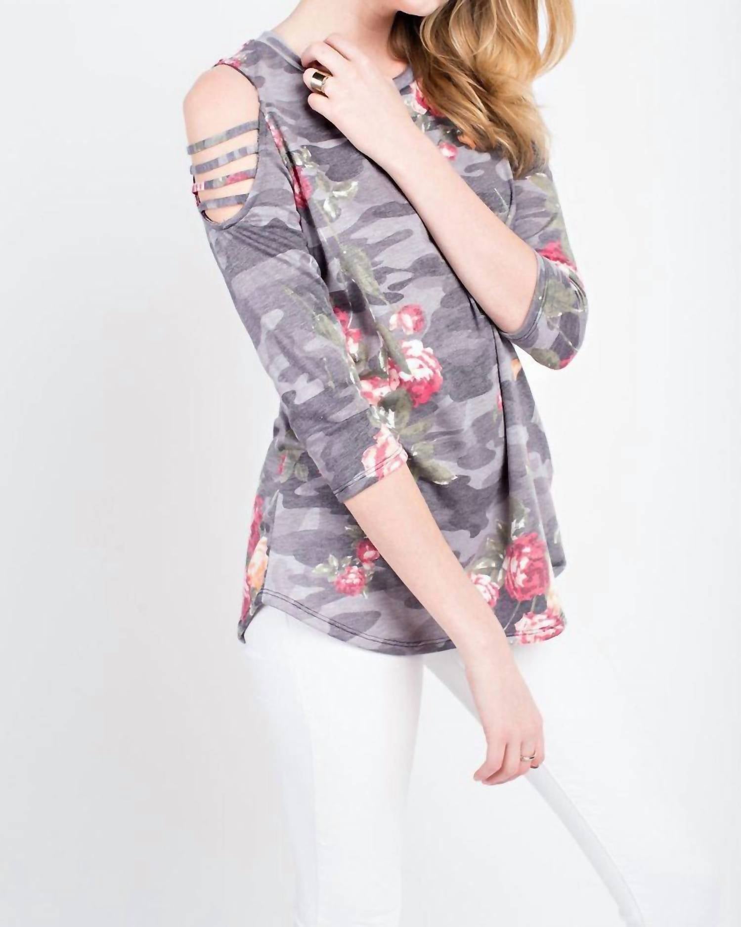 12Pm By Mon Ami - Floral Cold Shoulder 3/4 Sleeve Top