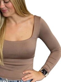 Blu Pepper Long Sleeve Bodysuits in warm taupe - women's shirt - detail view