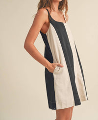 MIOU MUSE Color Block Mini Dress in beige black - women's dress - detail view