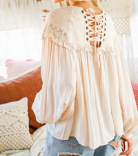 Vine & Love Lace-up Back Detail Swiss Dot Patterned Blouse in beige - women's blouse - detail view