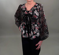By Together - Elegant Floral Tie-neck Velvet Burnout Blouse