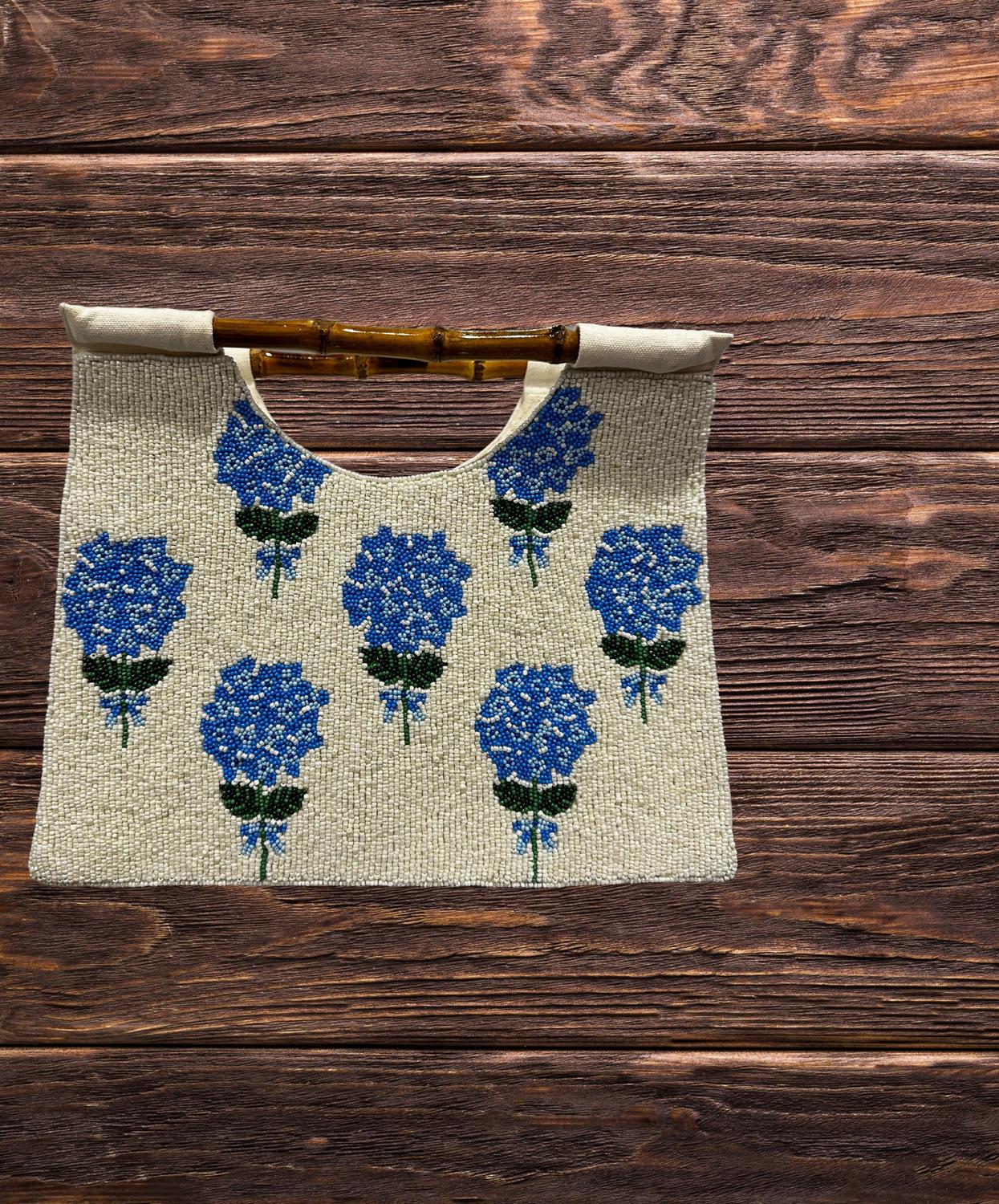 Navy Jane - Narragansett Beaded Hydrangea Bag with Bamboo Handles