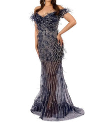 Terani Couture Off Shoulder A-line Feathered Sheer Skirt Long Dress in navy - women's dress