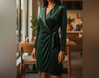 Halston Heritage - Wrap Velvet Long Sleeve Midi Dress