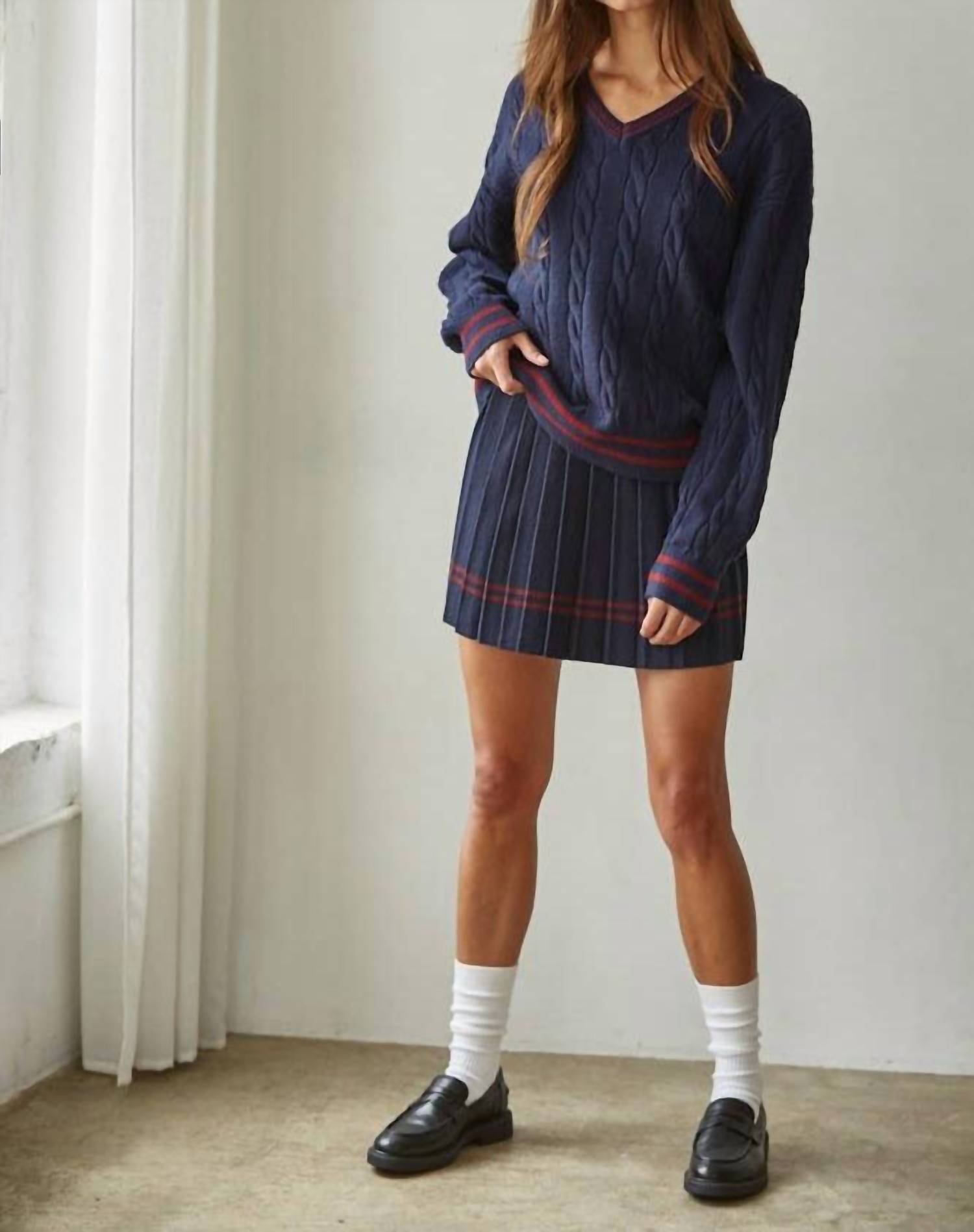 By Together - Knit Pleated Mini Skirt With Contrast Striped Hem