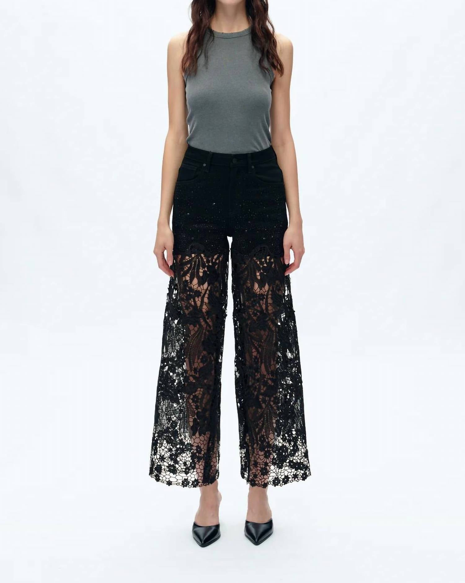 Bayeas Lesley High Rise Lace Wide Leg Jeans With Rhinestones in black - women's pants - detail view