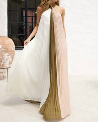 Eb Luxe - Halter Color Block Pleated Maxi Dress