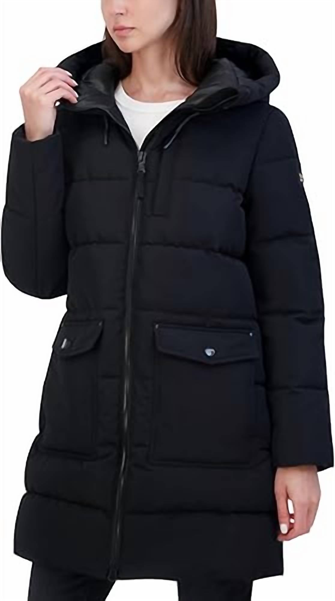 HFX Outdoor Long Hooded Puffer Coat in black - women's jacket - detail view
