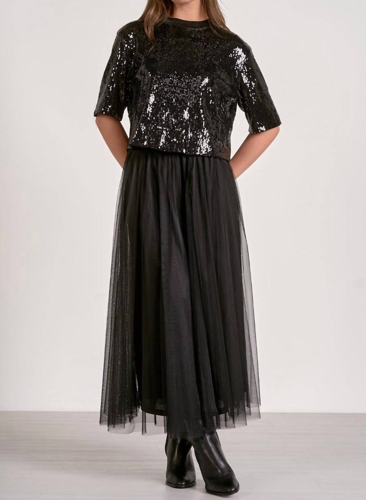 ELAN Delilah Sequin Top in black - women's blouse - alternate view