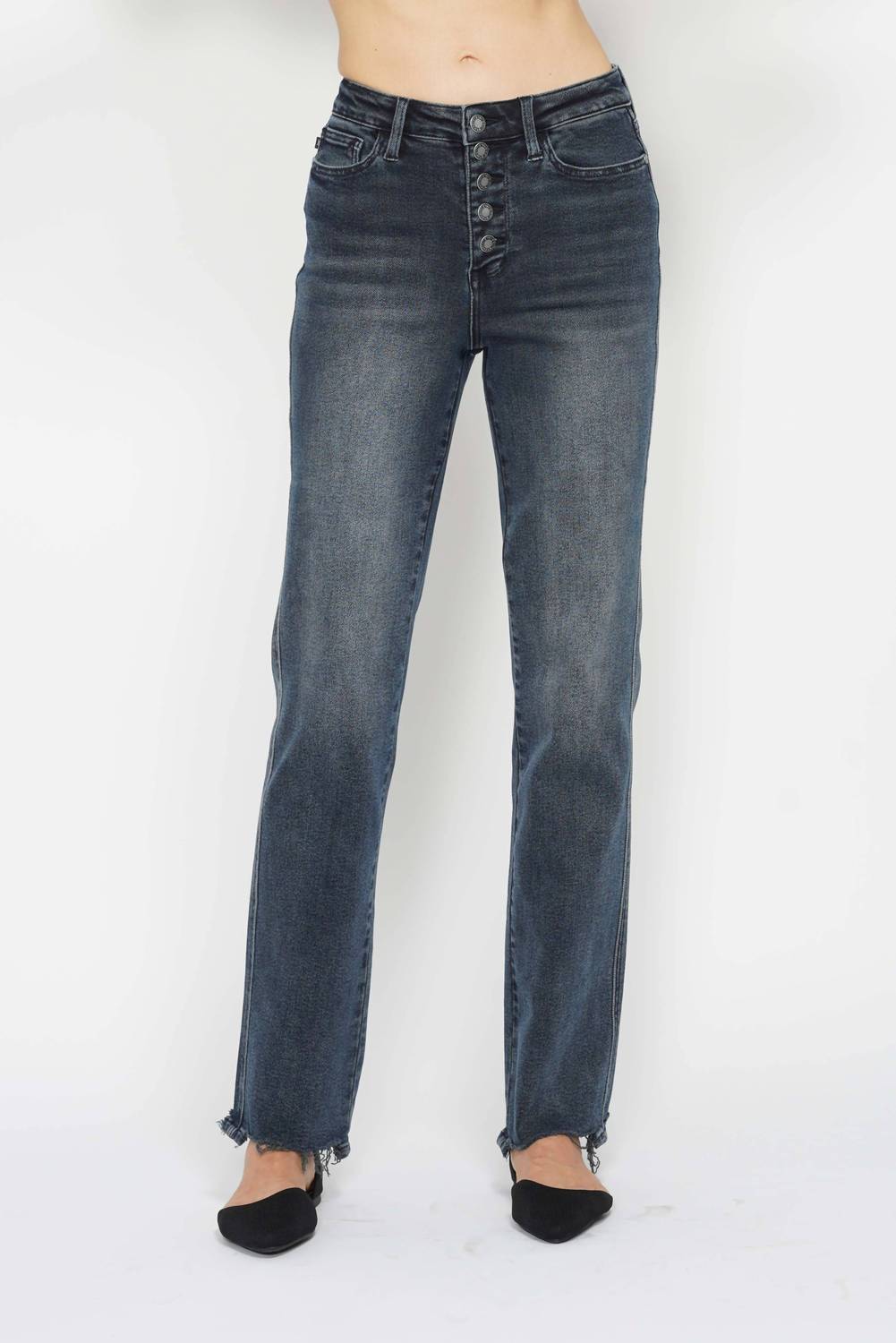 Judy Blue - High Waisted Button Fly Hem Distressed Straight Leg Jeans