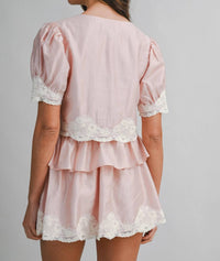 Mable - Marybeth Scalloped Lace Trim Crop Top And Shorts Set
