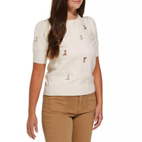 Gilli - Round Neck Puff Sleeve Embroidered Knit Top