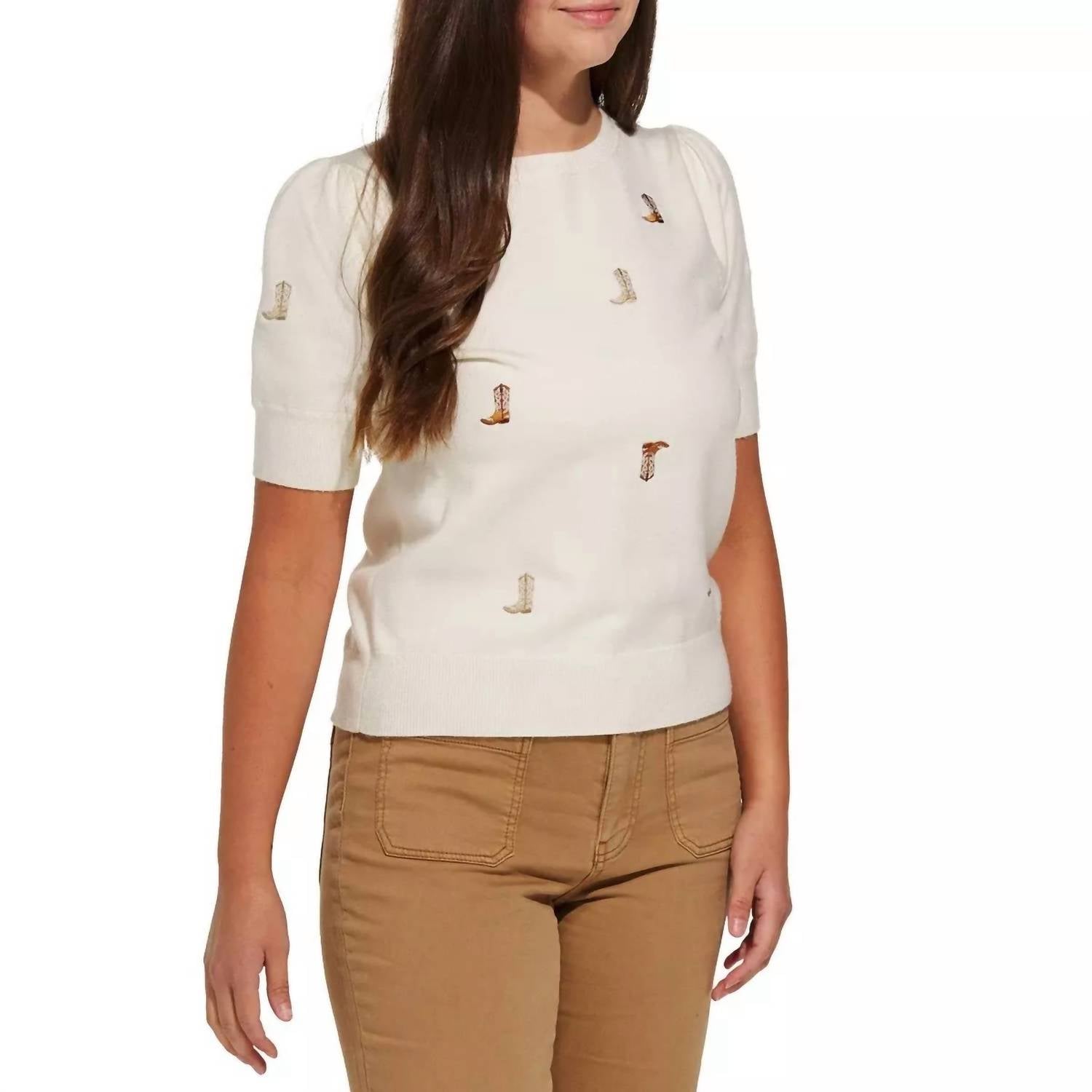 Gilli - Round Neck Puff Sleeve Embroidered Knit Top